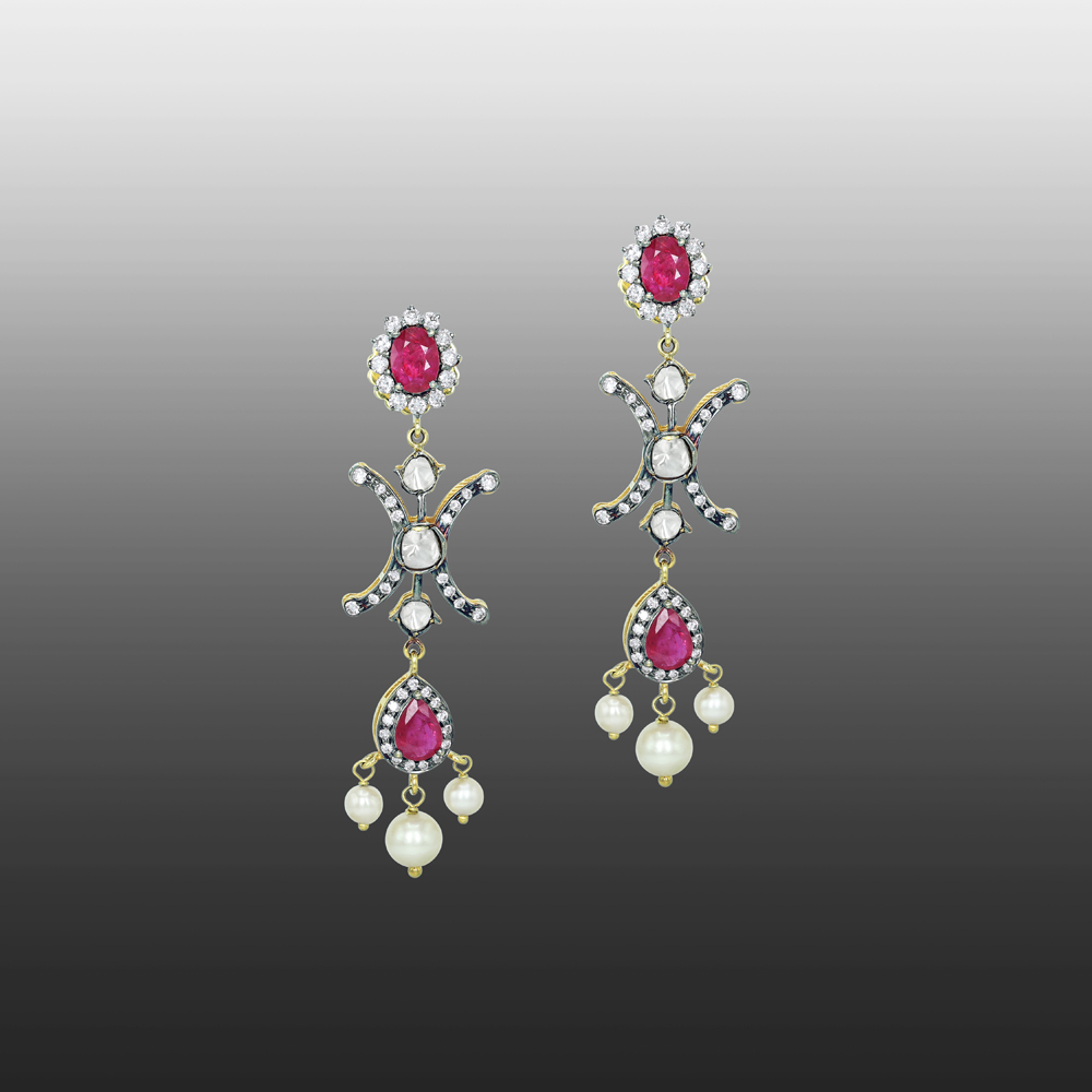 Antique-Finish Earrings with Ruby, Diamonds Polki, and Pearls